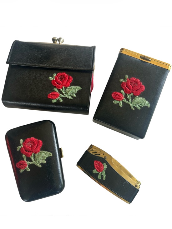 Princess Gardner Handbags - Vintage Rose Embroidered Wallet Key Case Cigarette Case & Lighter Set